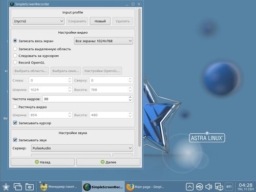 Запись экрана в SimpleScreenRecorder на Astra Linux